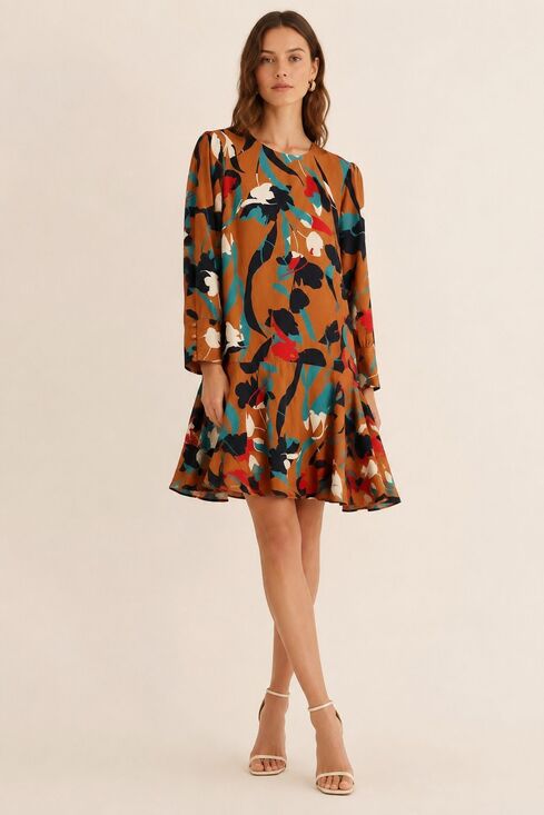 CHRISTY LYNN Dresses & Skirts - CHRISTY LYNN Silk Floral Dress Size Medium Drop Waist Luxury Brown Red Teal